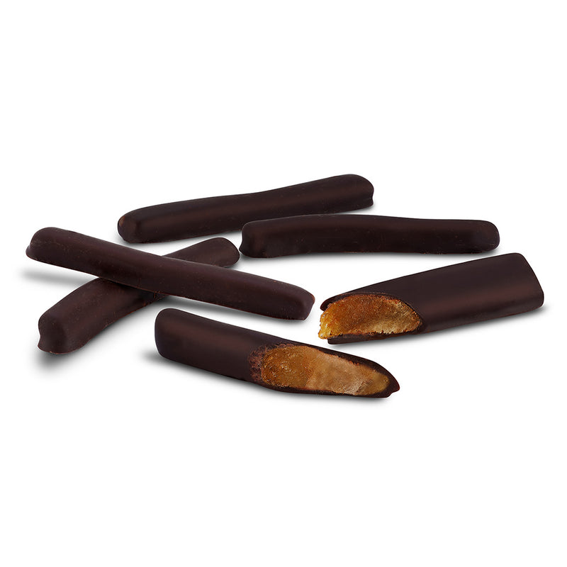 NY Collection - Chocolate Covered Orange Peels -close up and cut in half- Jacques Torres Chocolate